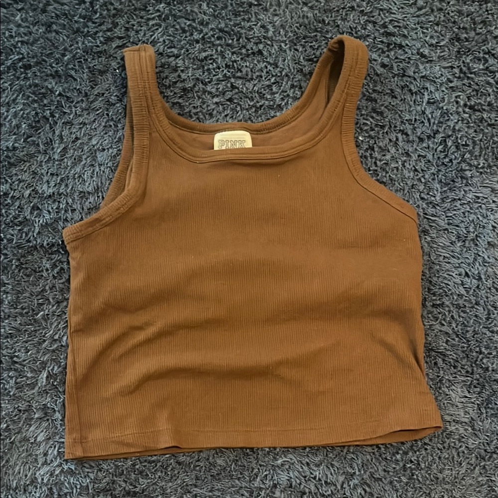 PINK Tan Brown Fitted Crop Tank Top
